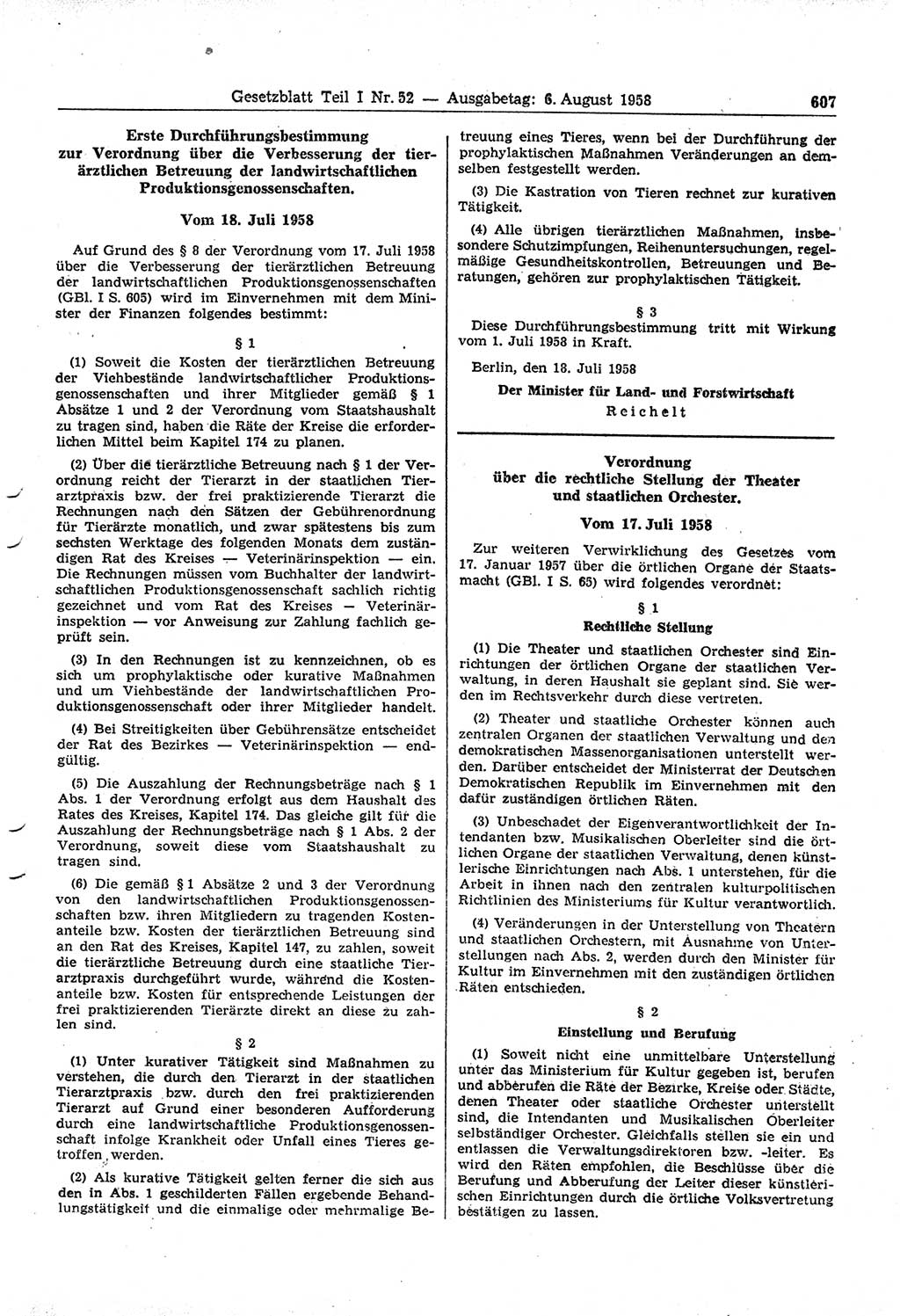 Gesetzblatt (GBl.) der Deutschen Demokratischen Republik (DDR) Teil Ⅰ 1958, Seite 607 (GBl. DDR Ⅰ 1958, S. 607)