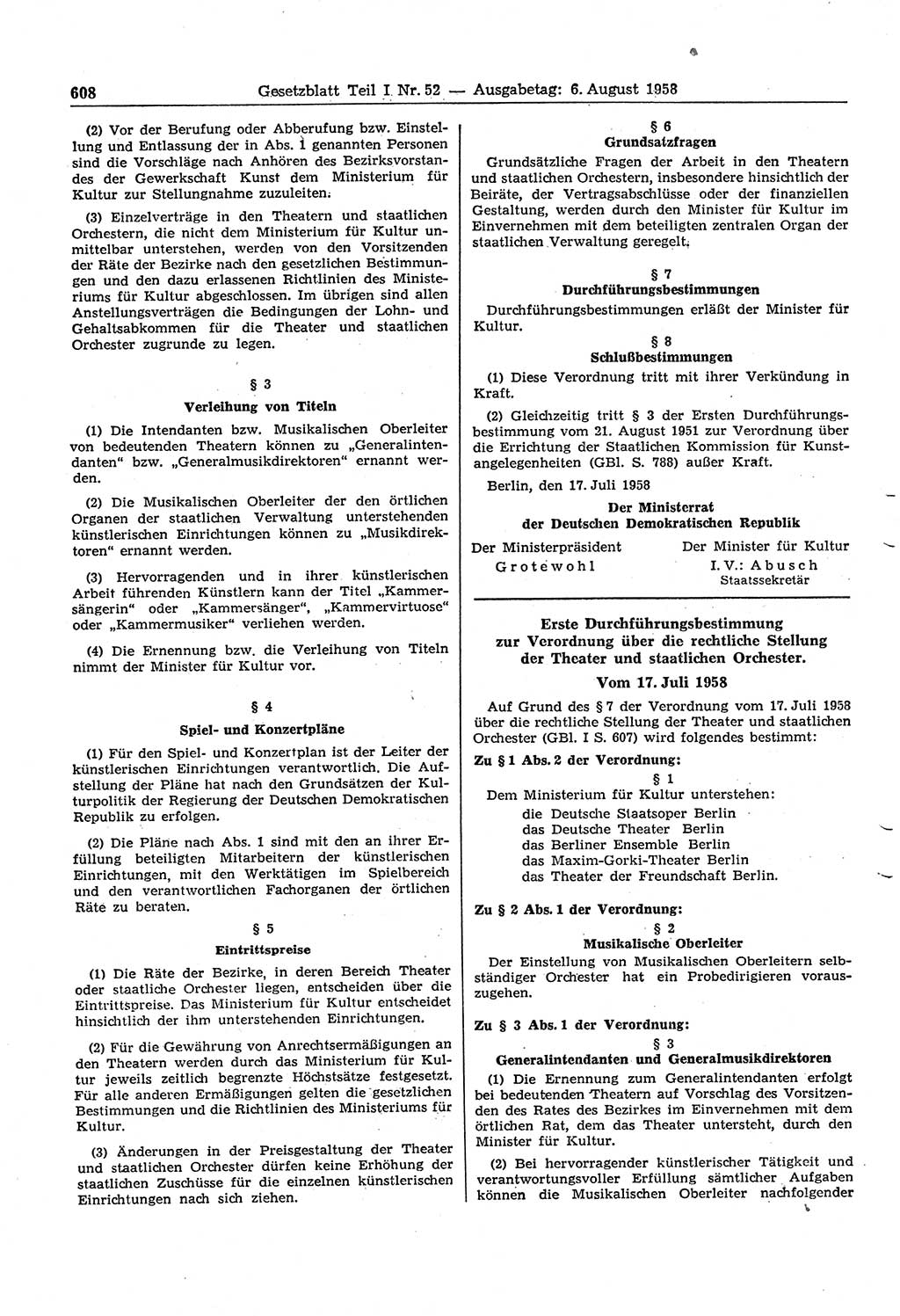 Gesetzblatt (GBl.) der Deutschen Demokratischen Republik (DDR) Teil Ⅰ 1958, Seite 608 (GBl. DDR Ⅰ 1958, S. 608)