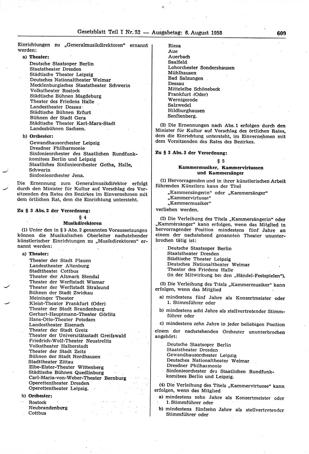 Gesetzblatt (GBl.) der Deutschen Demokratischen Republik (DDR) Teil Ⅰ 1958, Seite 609 (GBl. DDR Ⅰ 1958, S. 609)