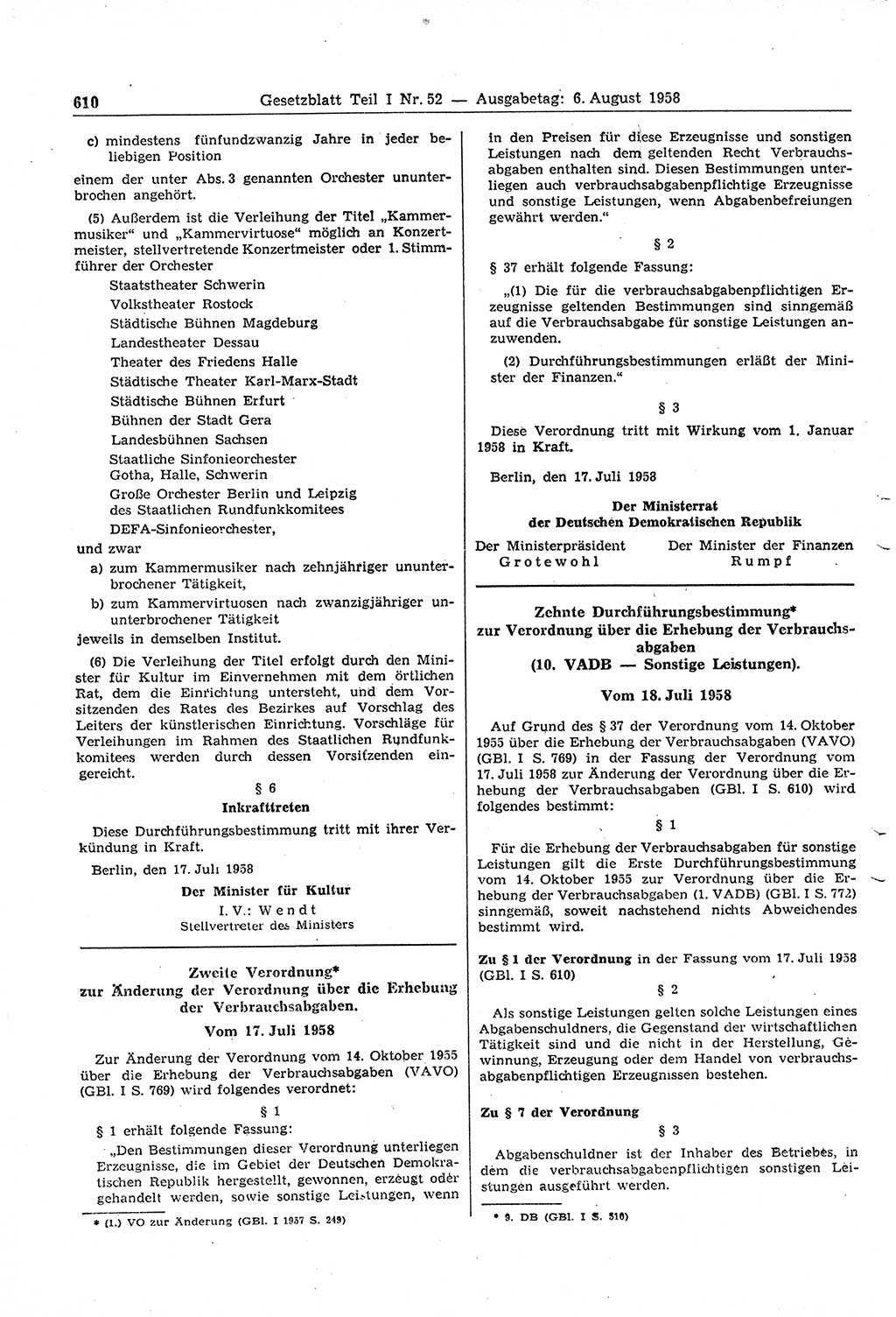 Gesetzblatt (GBl.) der Deutschen Demokratischen Republik (DDR) Teil Ⅰ 1958, Seite 610 (GBl. DDR Ⅰ 1958, S. 610)