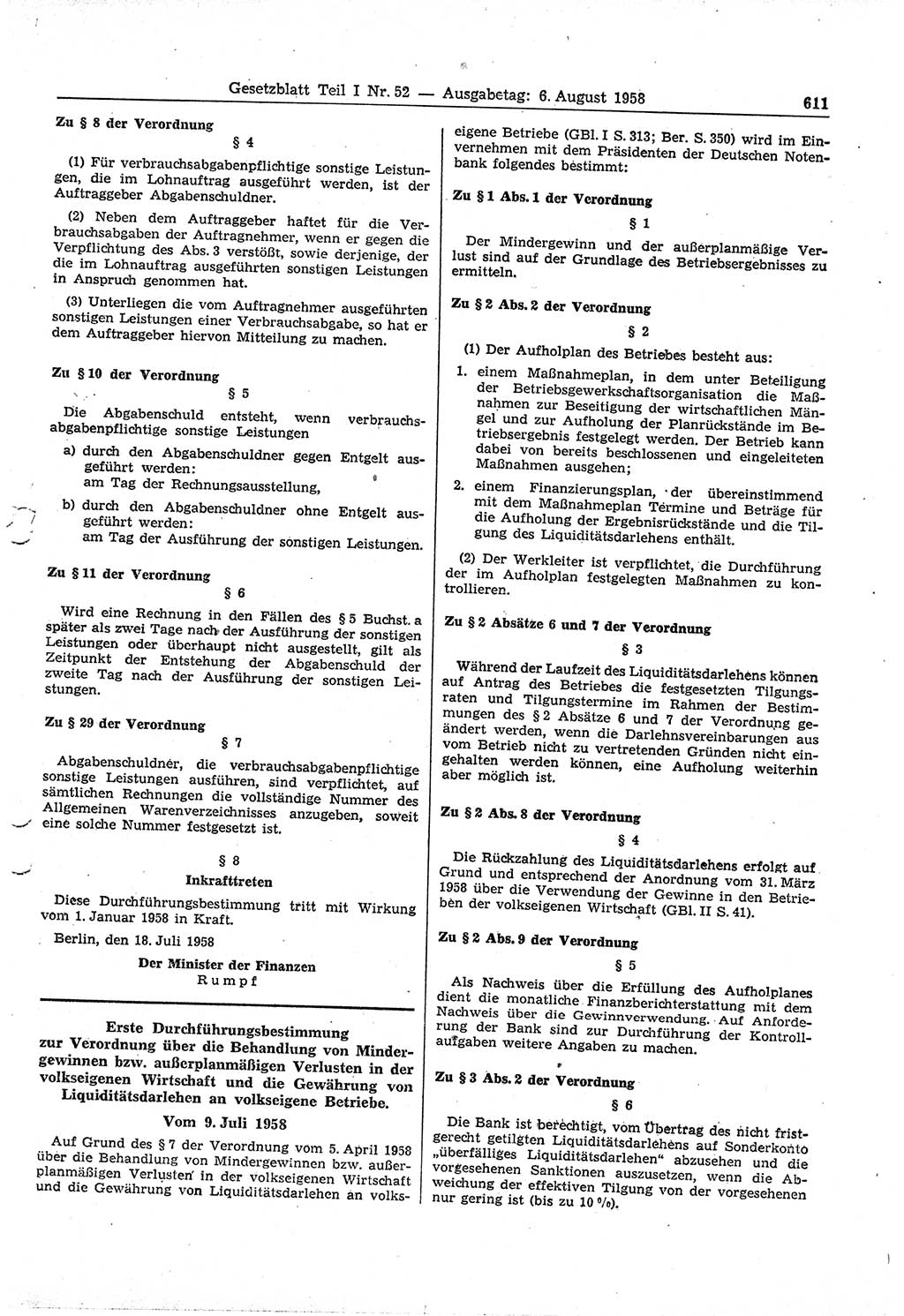 Gesetzblatt (GBl.) der Deutschen Demokratischen Republik (DDR) Teil Ⅰ 1958, Seite 611 (GBl. DDR Ⅰ 1958, S. 611)
