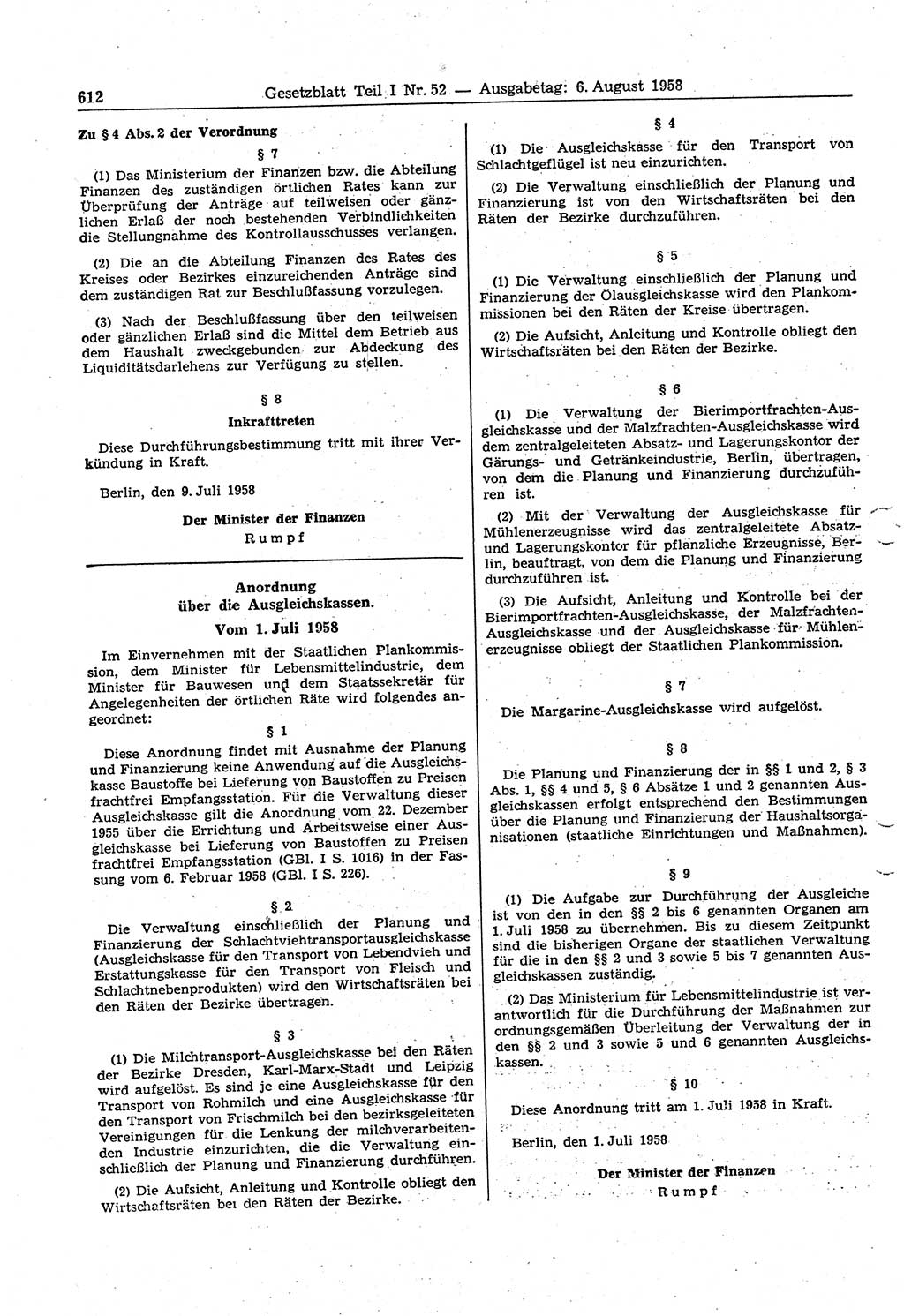 Gesetzblatt (GBl.) der Deutschen Demokratischen Republik (DDR) Teil Ⅰ 1958, Seite 612 (GBl. DDR Ⅰ 1958, S. 612)