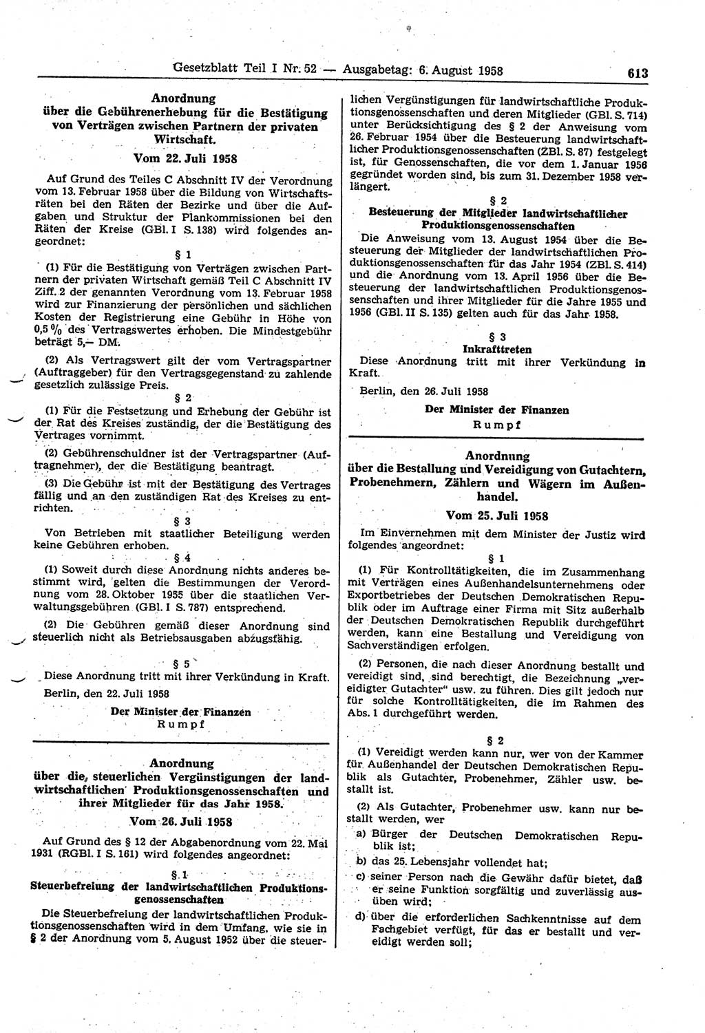 Gesetzblatt (GBl.) der Deutschen Demokratischen Republik (DDR) Teil Ⅰ 1958, Seite 613 (GBl. DDR Ⅰ 1958, S. 613)