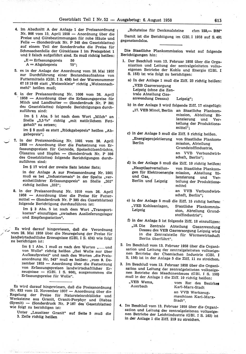 Gesetzblatt (GBl.) der Deutschen Demokratischen Republik (DDR) Teil Ⅰ 1958, Seite 615 (GBl. DDR Ⅰ 1958, S. 615)