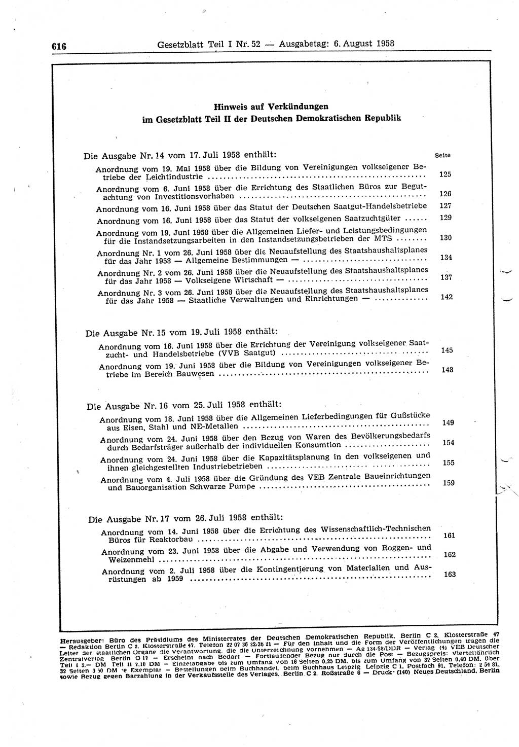 Gesetzblatt (GBl.) der Deutschen Demokratischen Republik (DDR) Teil Ⅰ 1958, Seite 616 (GBl. DDR Ⅰ 1958, S. 616)