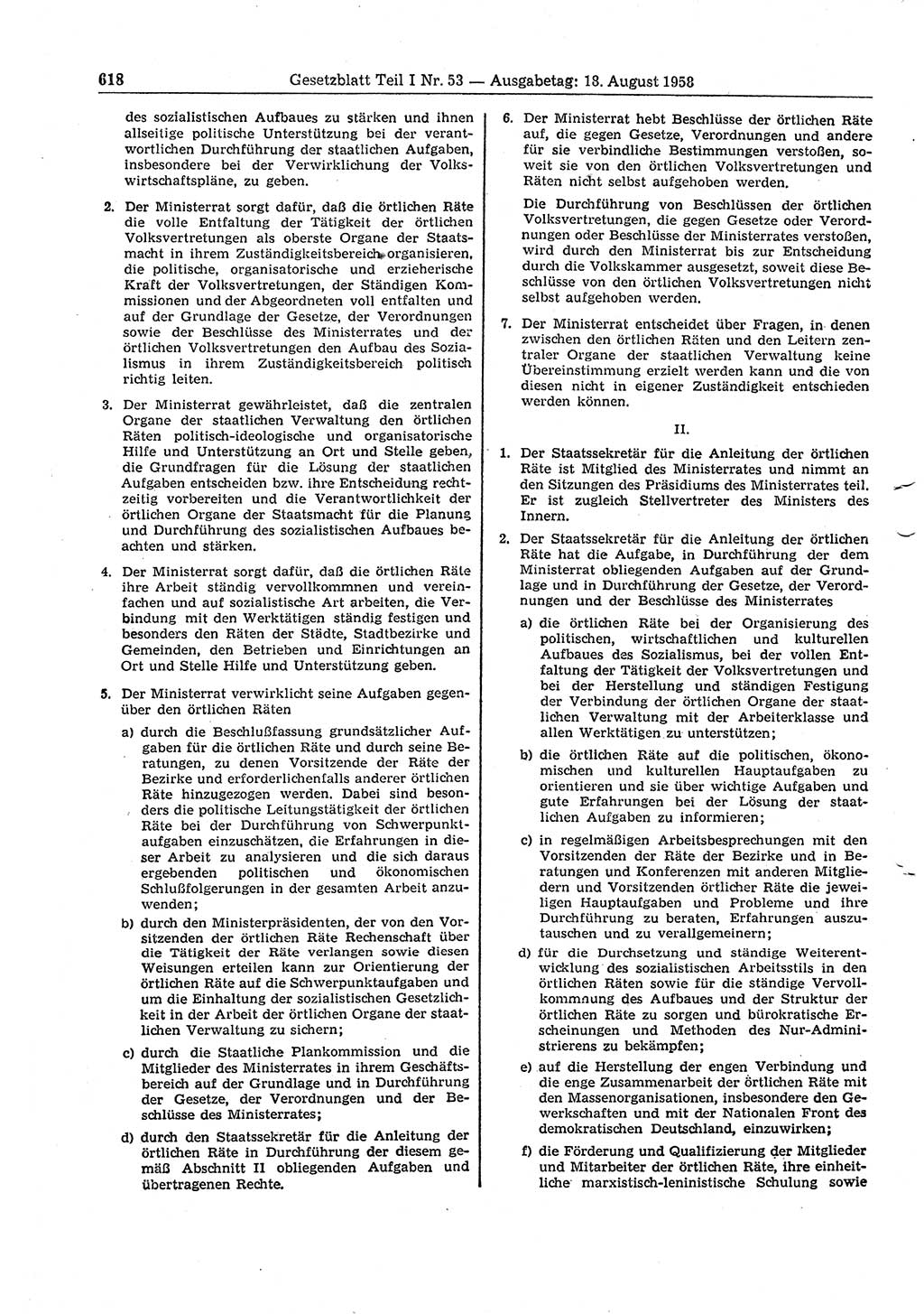 Gesetzblatt (GBl.) der Deutschen Demokratischen Republik (DDR) Teil Ⅰ 1958, Seite 618 (GBl. DDR Ⅰ 1958, S. 618)
