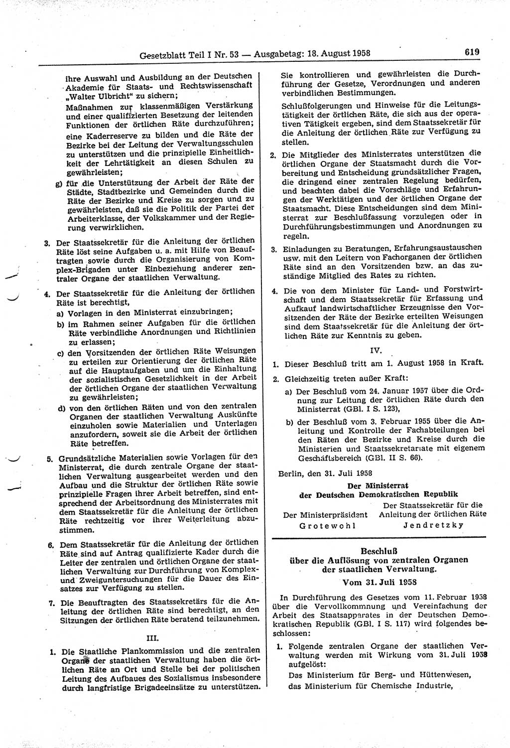 Gesetzblatt (GBl.) der Deutschen Demokratischen Republik (DDR) Teil Ⅰ 1958, Seite 619 (GBl. DDR Ⅰ 1958, S. 619)