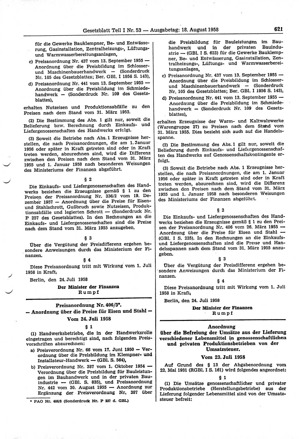Gesetzblatt (GBl.) der Deutschen Demokratischen Republik (DDR) Teil Ⅰ 1958, Seite 621 (GBl. DDR Ⅰ 1958, S. 621)
