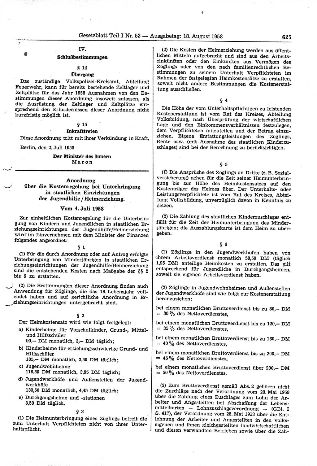 Gesetzblatt (GBl.) der Deutschen Demokratischen Republik (DDR) Teil Ⅰ 1958, Seite 625 (GBl. DDR Ⅰ 1958, S. 625)