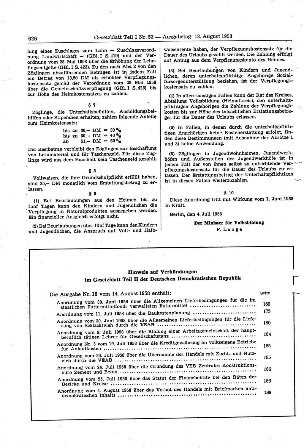 Gesetzblatt (GBl.) der Deutschen Demokratischen Republik (DDR) Teil Ⅰ 1958, Seite 626 (GBl. DDR Ⅰ 1958, S. 626)