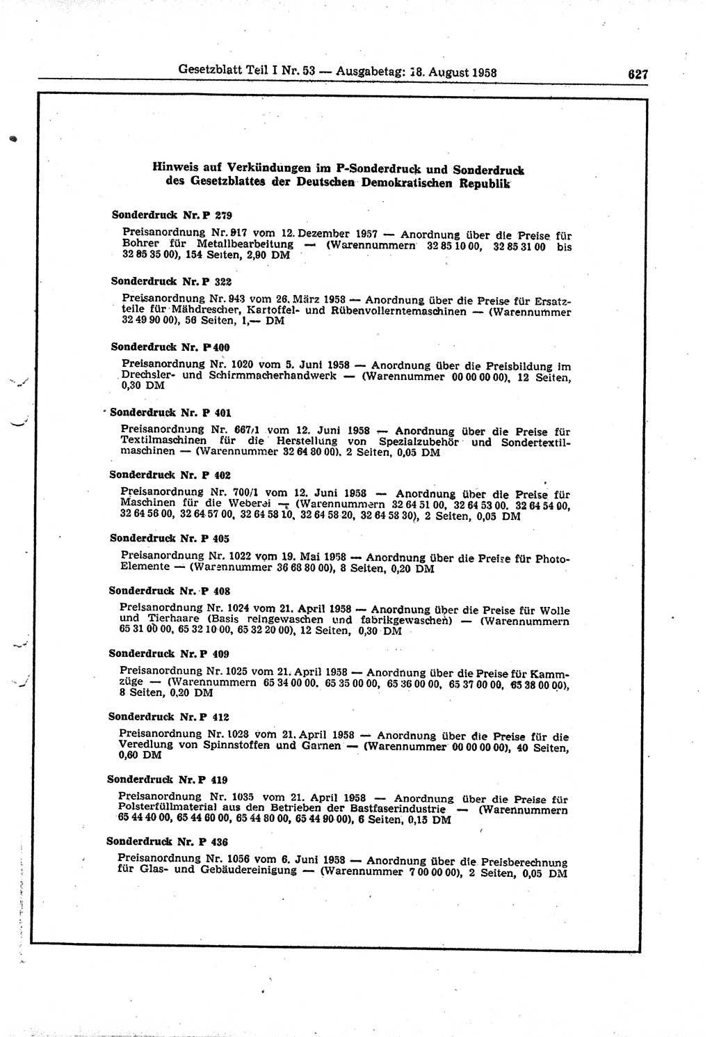 Gesetzblatt (GBl.) der Deutschen Demokratischen Republik (DDR) Teil Ⅰ 1958, Seite 627 (GBl. DDR Ⅰ 1958, S. 627)