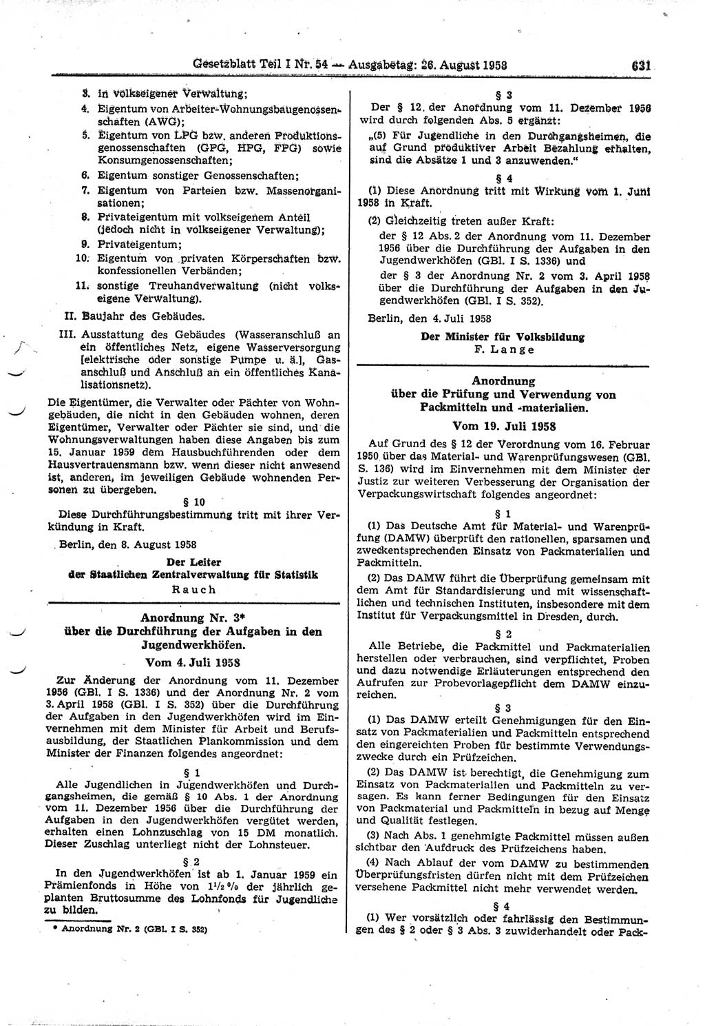 Gesetzblatt (GBl.) der Deutschen Demokratischen Republik (DDR) Teil Ⅰ 1958, Seite 631 (GBl. DDR Ⅰ 1958, S. 631)