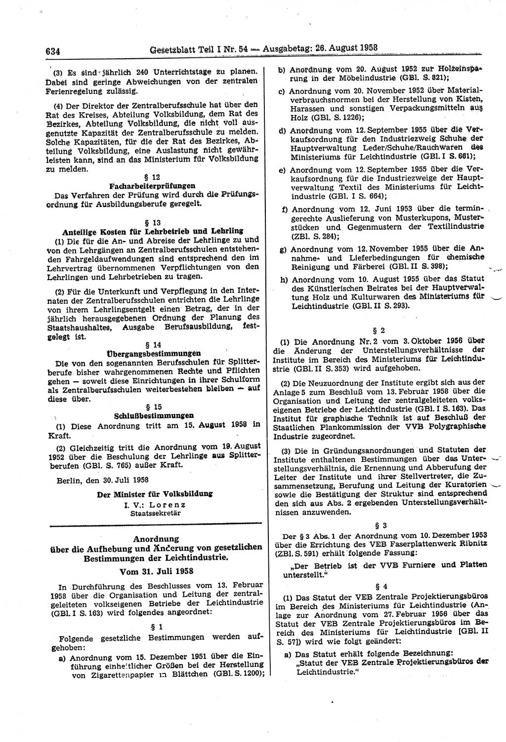 Gesetzblatt (GBl.) der Deutschen Demokratischen Republik (DDR) Teil Ⅰ 1958, Seite 634 (GBl. DDR Ⅰ 1958, S. 634)