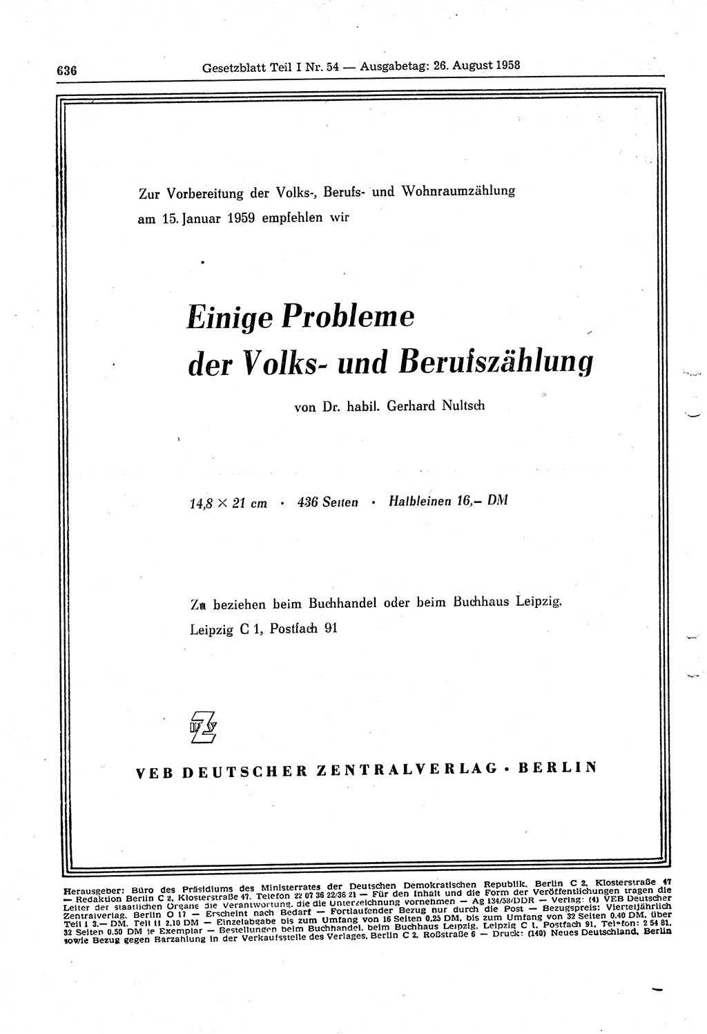 Gesetzblatt (GBl.) der Deutschen Demokratischen Republik (DDR) Teil Ⅰ 1958, Seite 636 (GBl. DDR Ⅰ 1958, S. 636)