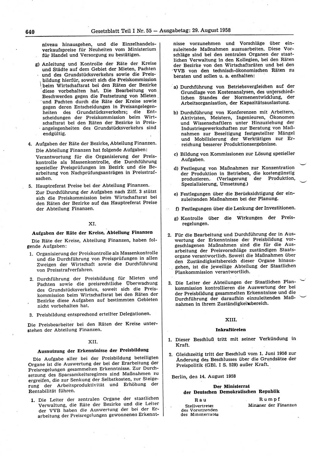 Gesetzblatt (GBl.) der Deutschen Demokratischen Republik (DDR) Teil Ⅰ 1958, Seite 640 (GBl. DDR Ⅰ 1958, S. 640)