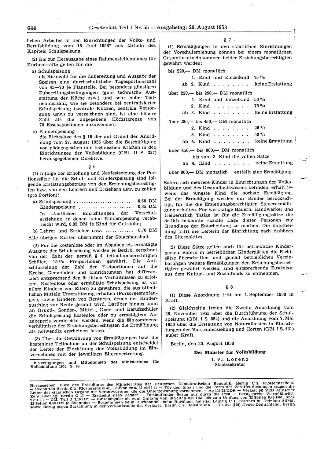 Gesetzblatt (GBl.) der Deutschen Demokratischen Republik (DDR) Teil Ⅰ 1958, Seite 644 (GBl. DDR Ⅰ 1958, S. 644)