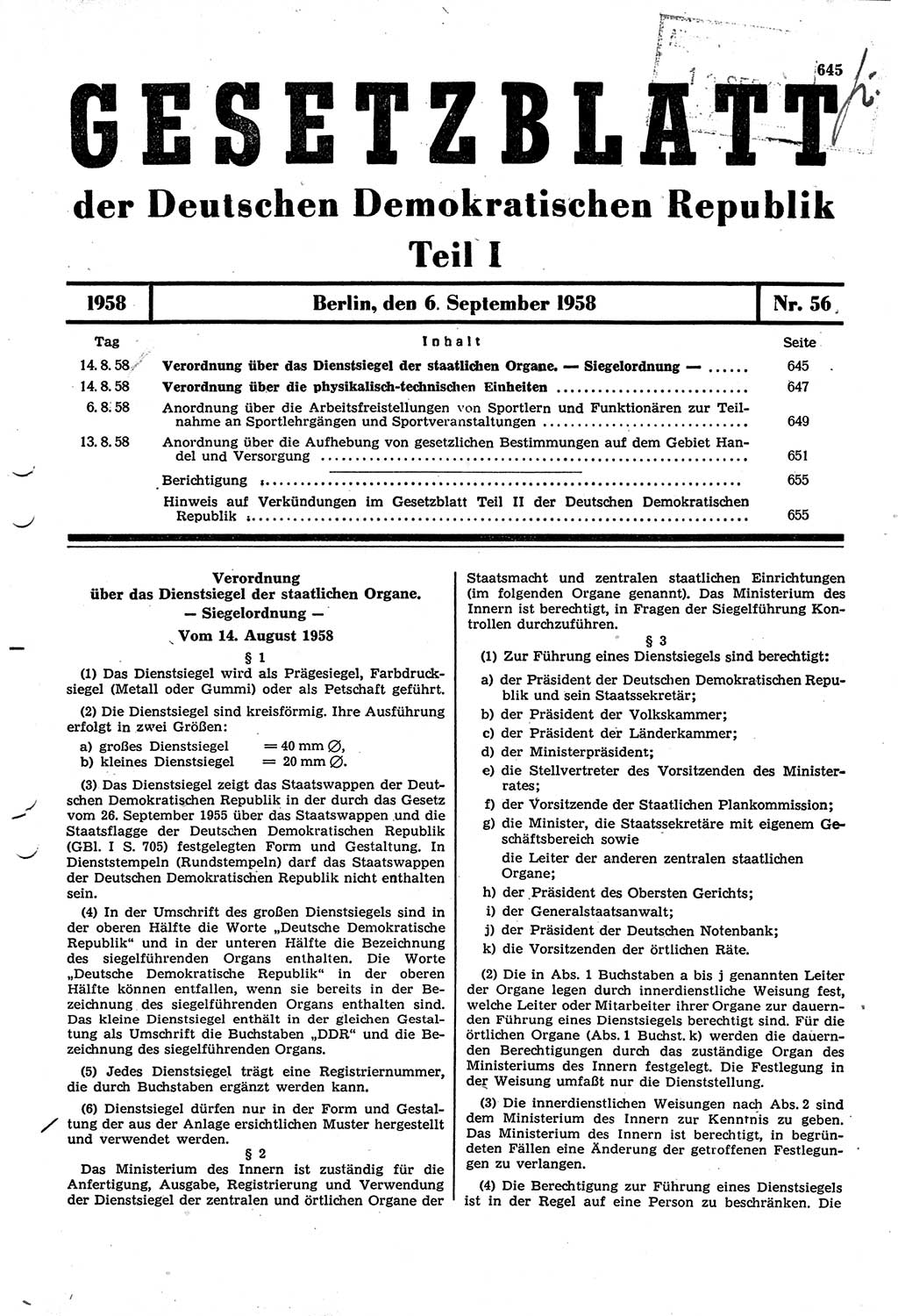 Gesetzblatt (GBl.) der Deutschen Demokratischen Republik (DDR) Teil Ⅰ 1958, Seite 645 (GBl. DDR Ⅰ 1958, S. 645)