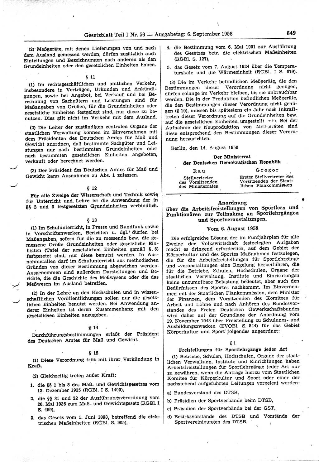 Gesetzblatt (GBl.) der Deutschen Demokratischen Republik (DDR) Teil Ⅰ 1958, Seite 649 (GBl. DDR Ⅰ 1958, S. 649)
