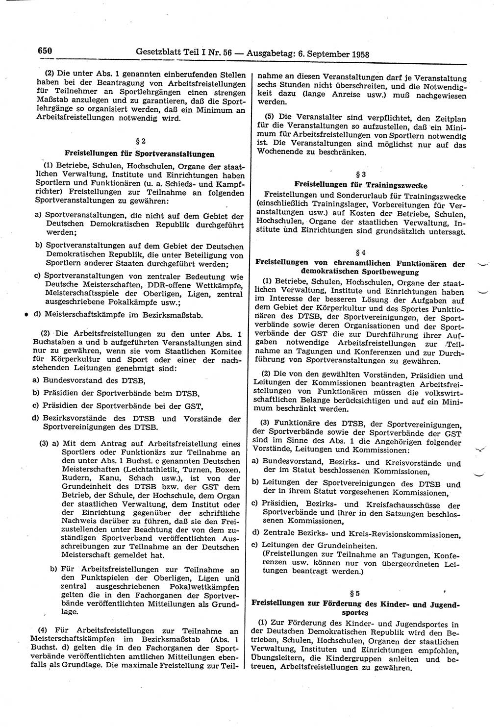 Gesetzblatt (GBl.) der Deutschen Demokratischen Republik (DDR) Teil Ⅰ 1958, Seite 650 (GBl. DDR Ⅰ 1958, S. 650)