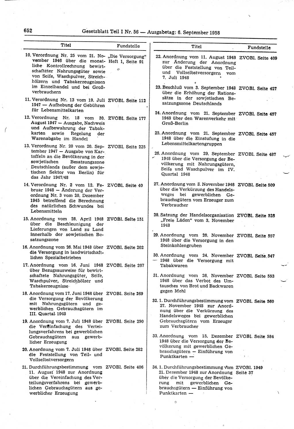 Gesetzblatt (GBl.) der Deutschen Demokratischen Republik (DDR) Teil Ⅰ 1958, Seite 652 (GBl. DDR Ⅰ 1958, S. 652)