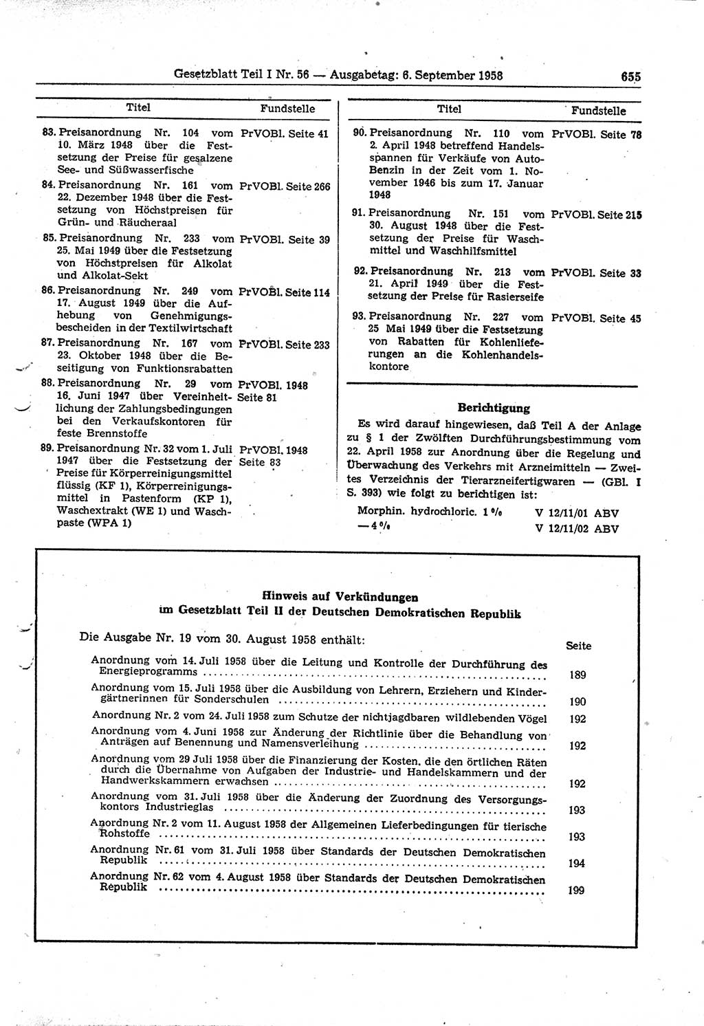 Gesetzblatt (GBl.) der Deutschen Demokratischen Republik (DDR) Teil Ⅰ 1958, Seite 655 (GBl. DDR Ⅰ 1958, S. 655)