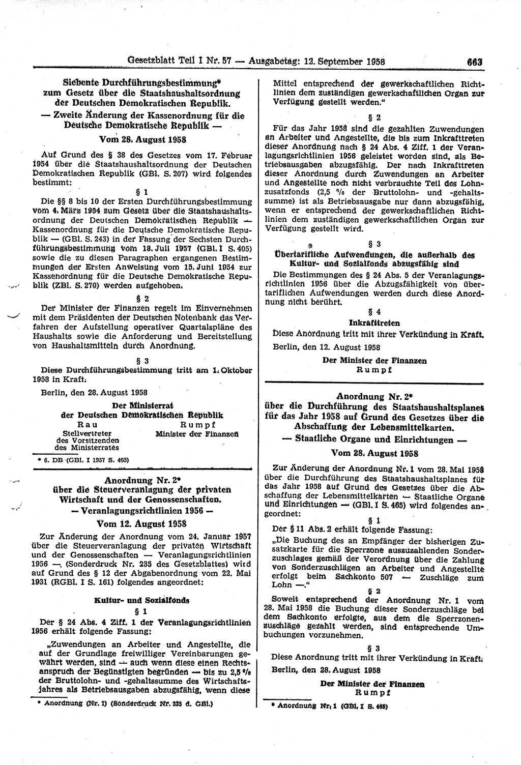 Gesetzblatt (GBl.) der Deutschen Demokratischen Republik (DDR) Teil Ⅰ 1958, Seite 663 (GBl. DDR Ⅰ 1958, S. 663)