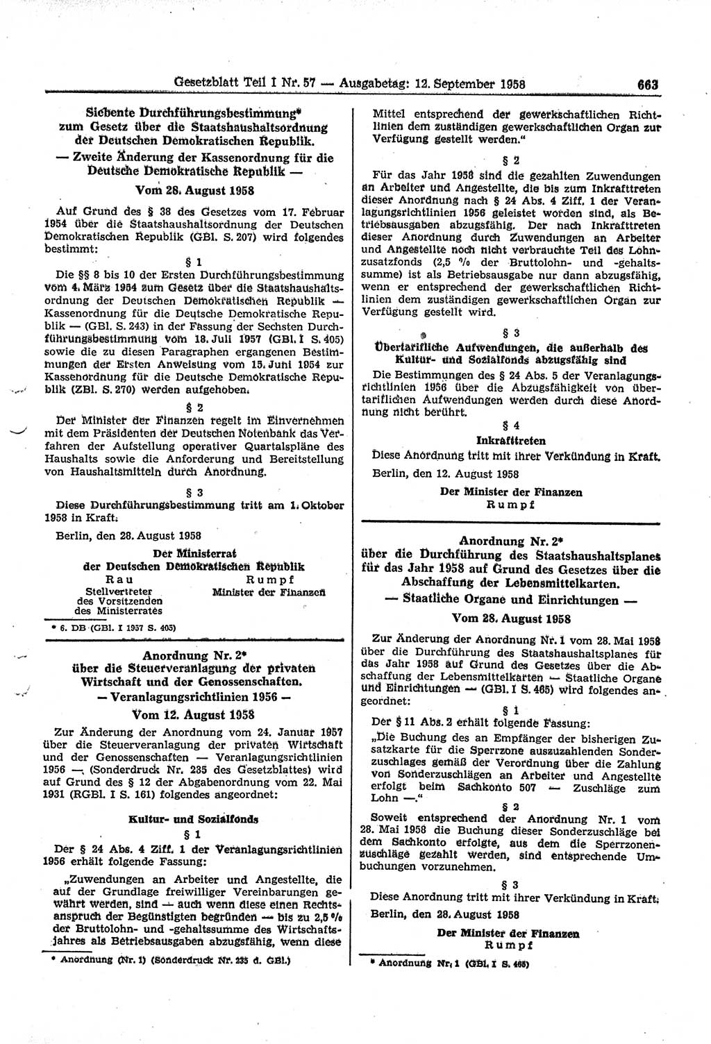 Gesetzblatt (GBl.) der Deutschen Demokratischen Republik (DDR) Teil Ⅰ 1958, Seite 663 (GBl. DDR Ⅰ 1958, S. 663)