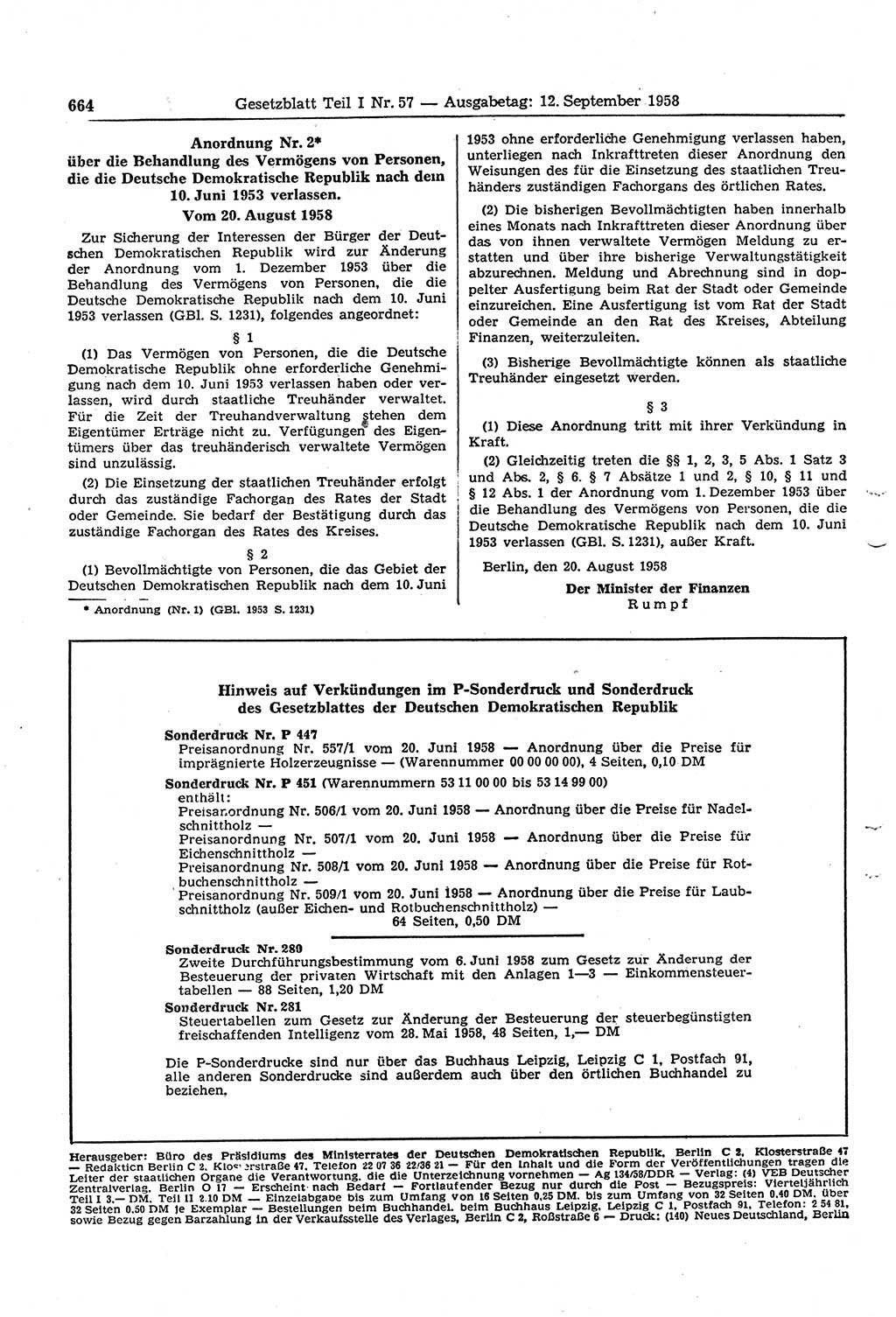 Gesetzblatt (GBl.) der Deutschen Demokratischen Republik (DDR) Teil Ⅰ 1958, Seite 664 (GBl. DDR Ⅰ 1958, S. 664)