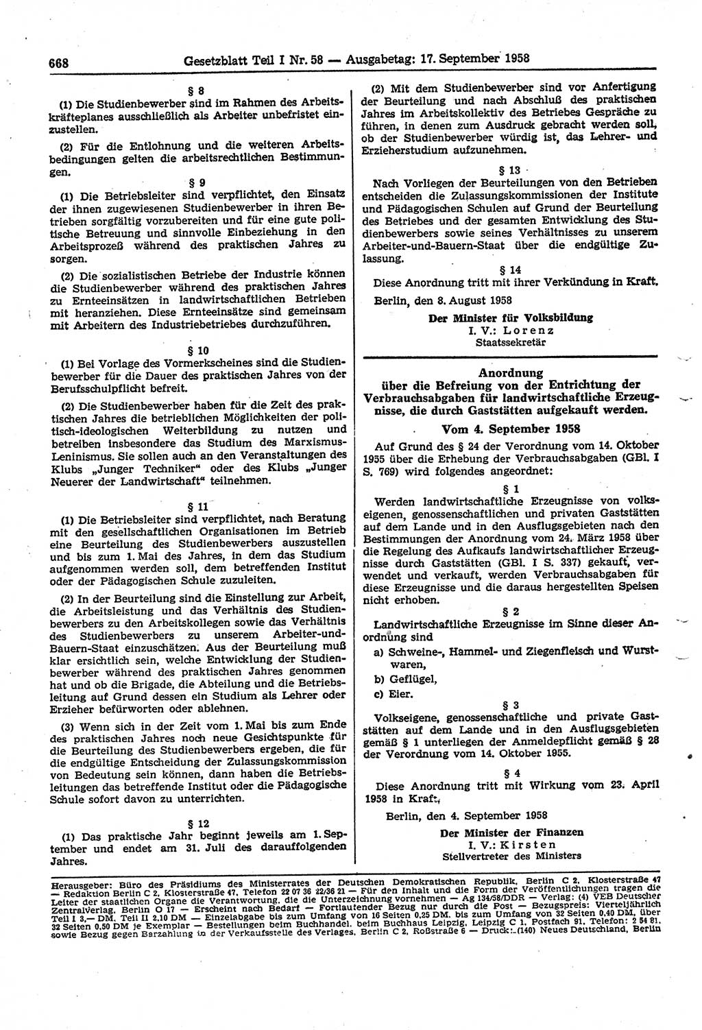 Gesetzblatt (GBl.) der Deutschen Demokratischen Republik (DDR) Teil Ⅰ 1958, Seite 668 (GBl. DDR Ⅰ 1958, S. 668)