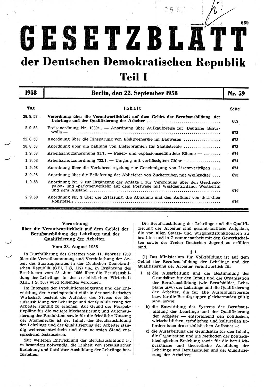 Gesetzblatt (GBl.) der Deutschen Demokratischen Republik (DDR) Teil Ⅰ 1958, Seite 669 (GBl. DDR Ⅰ 1958, S. 669)
