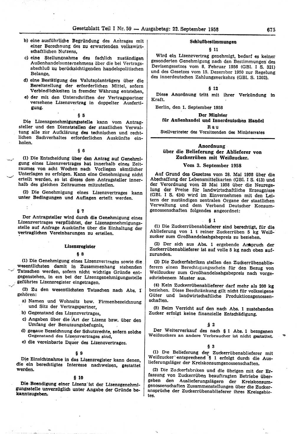 Gesetzblatt (GBl.) der Deutschen Demokratischen Republik (DDR) Teil Ⅰ 1958, Seite 675 (GBl. DDR Ⅰ 1958, S. 675)