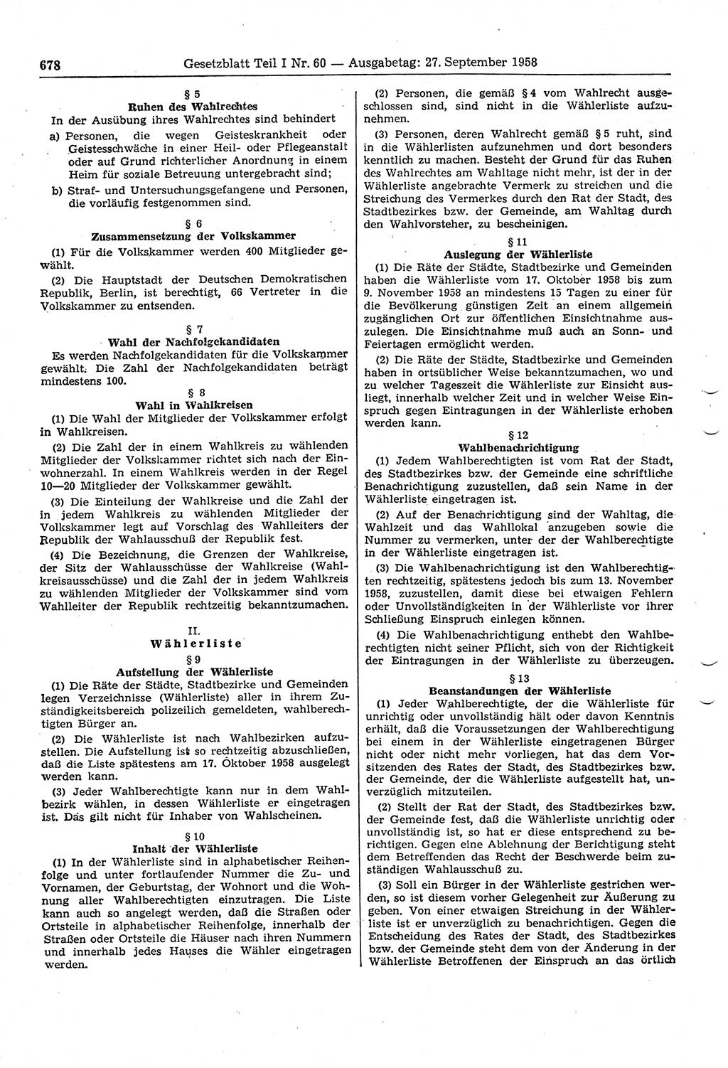 Gesetzblatt (GBl.) der Deutschen Demokratischen Republik (DDR) Teil Ⅰ 1958, Seite 678 (GBl. DDR Ⅰ 1958, S. 678)