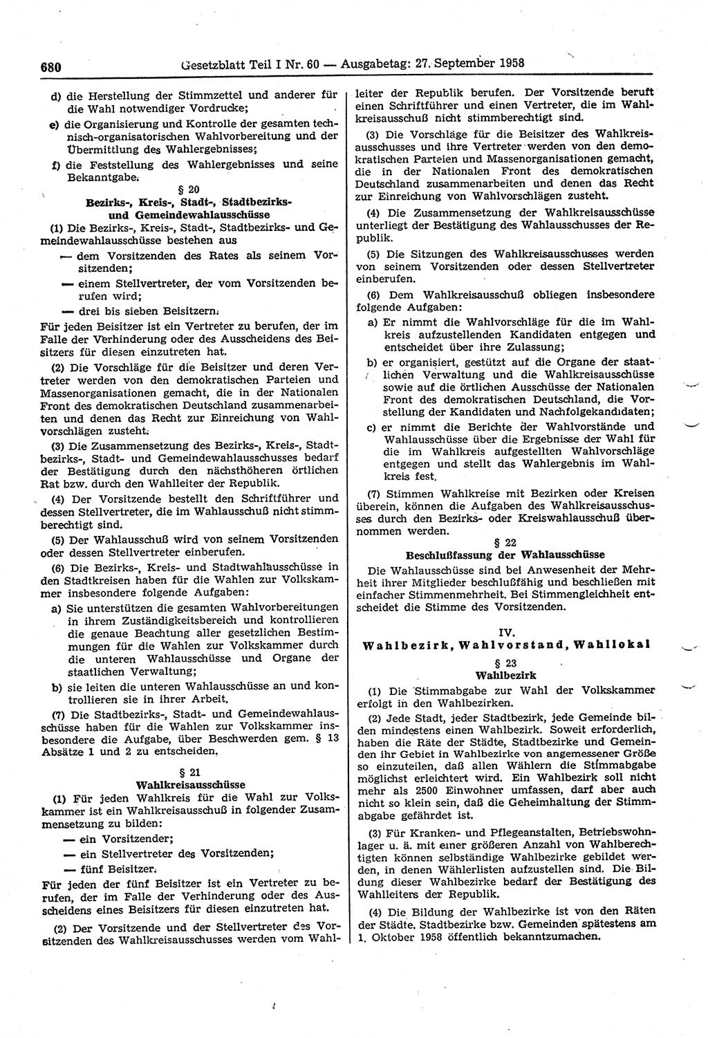 Gesetzblatt (GBl.) der Deutschen Demokratischen Republik (DDR) Teil Ⅰ 1958, Seite 680 (GBl. DDR Ⅰ 1958, S. 680)