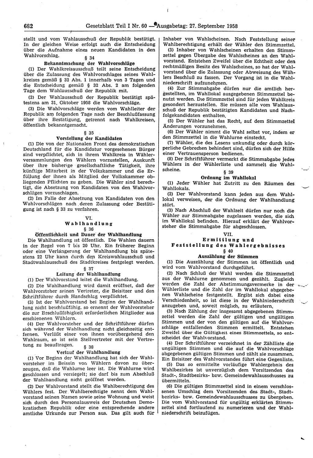 Gesetzblatt (GBl.) der Deutschen Demokratischen Republik (DDR) Teil Ⅰ 1958, Seite 682 (GBl. DDR Ⅰ 1958, S. 682)