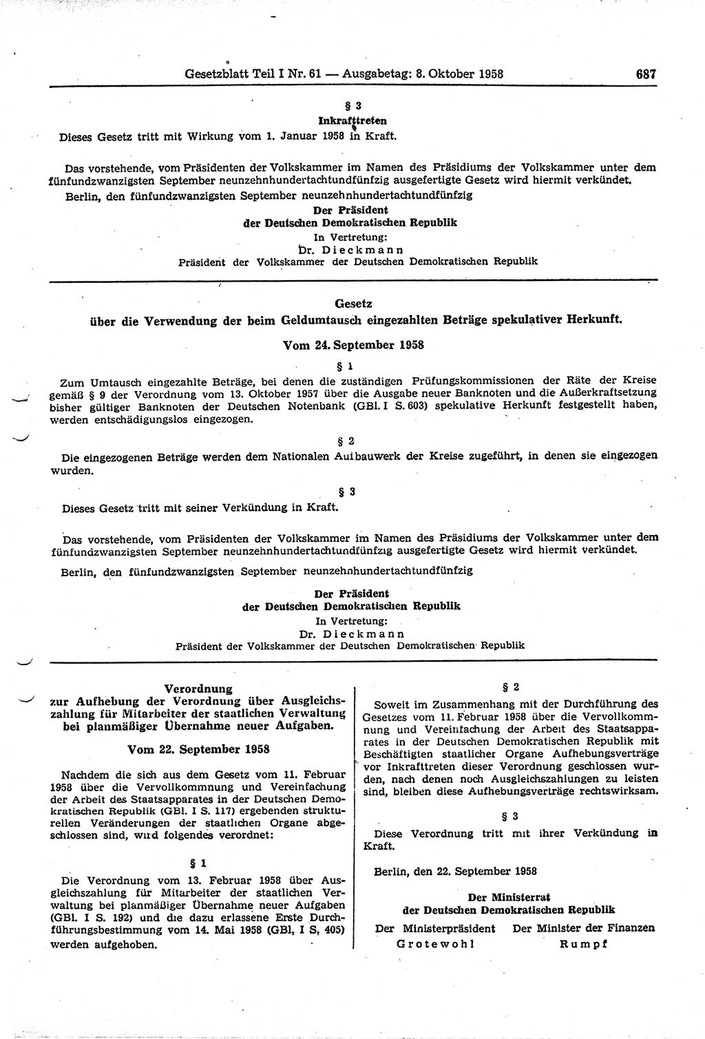Gesetzblatt (GBl.) der Deutschen Demokratischen Republik (DDR) Teil Ⅰ 1958, Seite 687 (GBl. DDR Ⅰ 1958, S. 687)