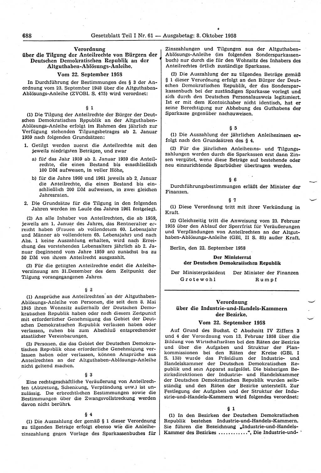 Gesetzblatt (GBl.) der Deutschen Demokratischen Republik (DDR) Teil Ⅰ 1958, Seite 688 (GBl. DDR Ⅰ 1958, S. 688)