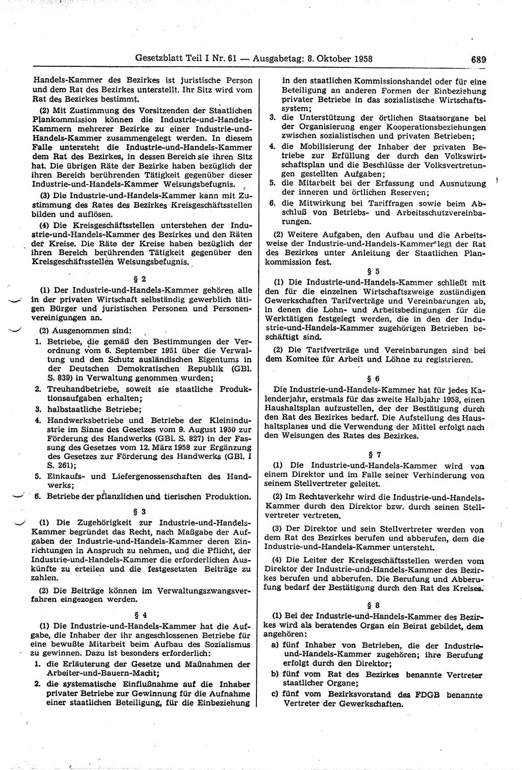Gesetzblatt (GBl.) der Deutschen Demokratischen Republik (DDR) Teil Ⅰ 1958, Seite 689 (GBl. DDR Ⅰ 1958, S. 689)