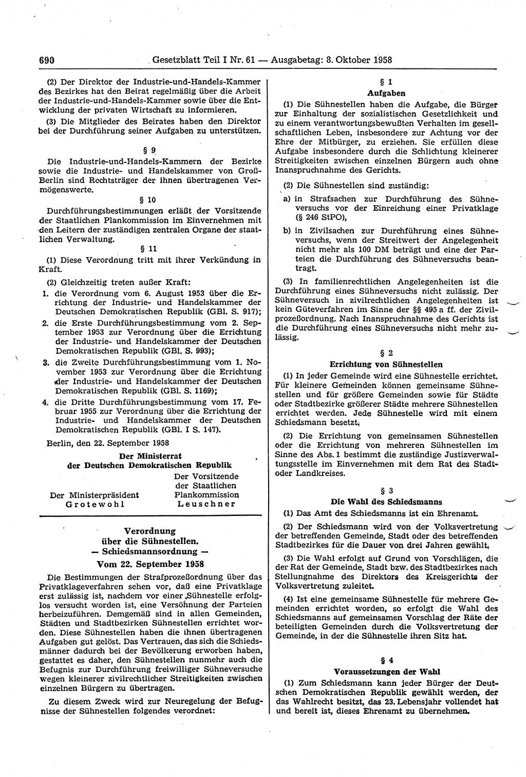 Gesetzblatt (GBl.) der Deutschen Demokratischen Republik (DDR) Teil Ⅰ 1958, Seite 690 (GBl. DDR Ⅰ 1958, S. 690)