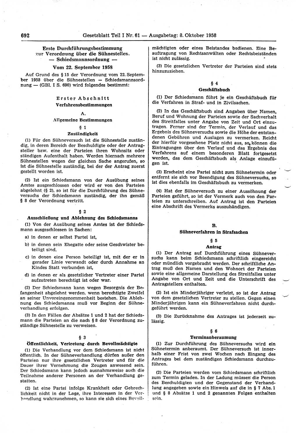 Gesetzblatt (GBl.) der Deutschen Demokratischen Republik (DDR) Teil Ⅰ 1958, Seite 692 (GBl. DDR Ⅰ 1958, S. 692)