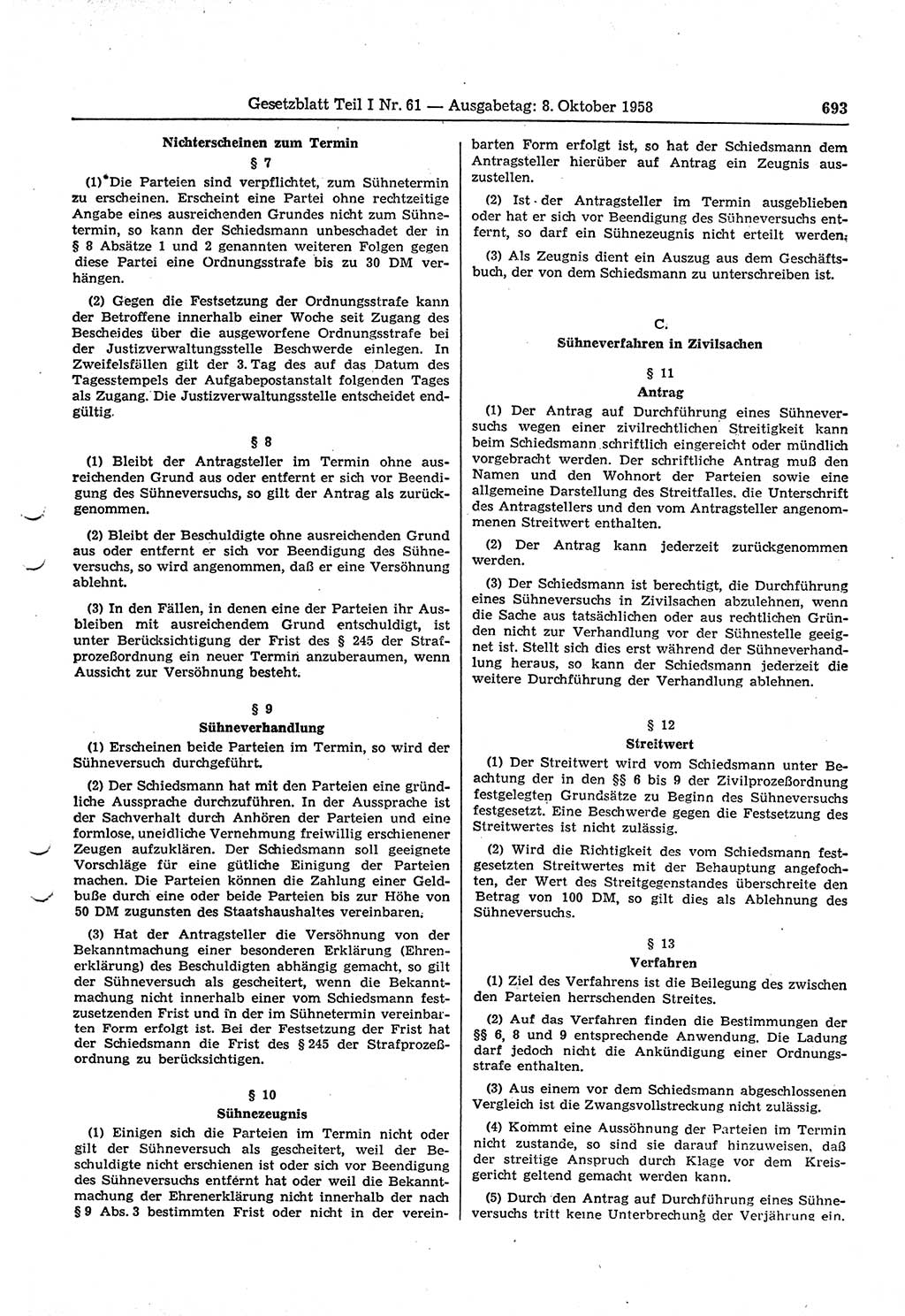 Gesetzblatt (GBl.) der Deutschen Demokratischen Republik (DDR) Teil Ⅰ 1958, Seite 693 (GBl. DDR Ⅰ 1958, S. 693)
