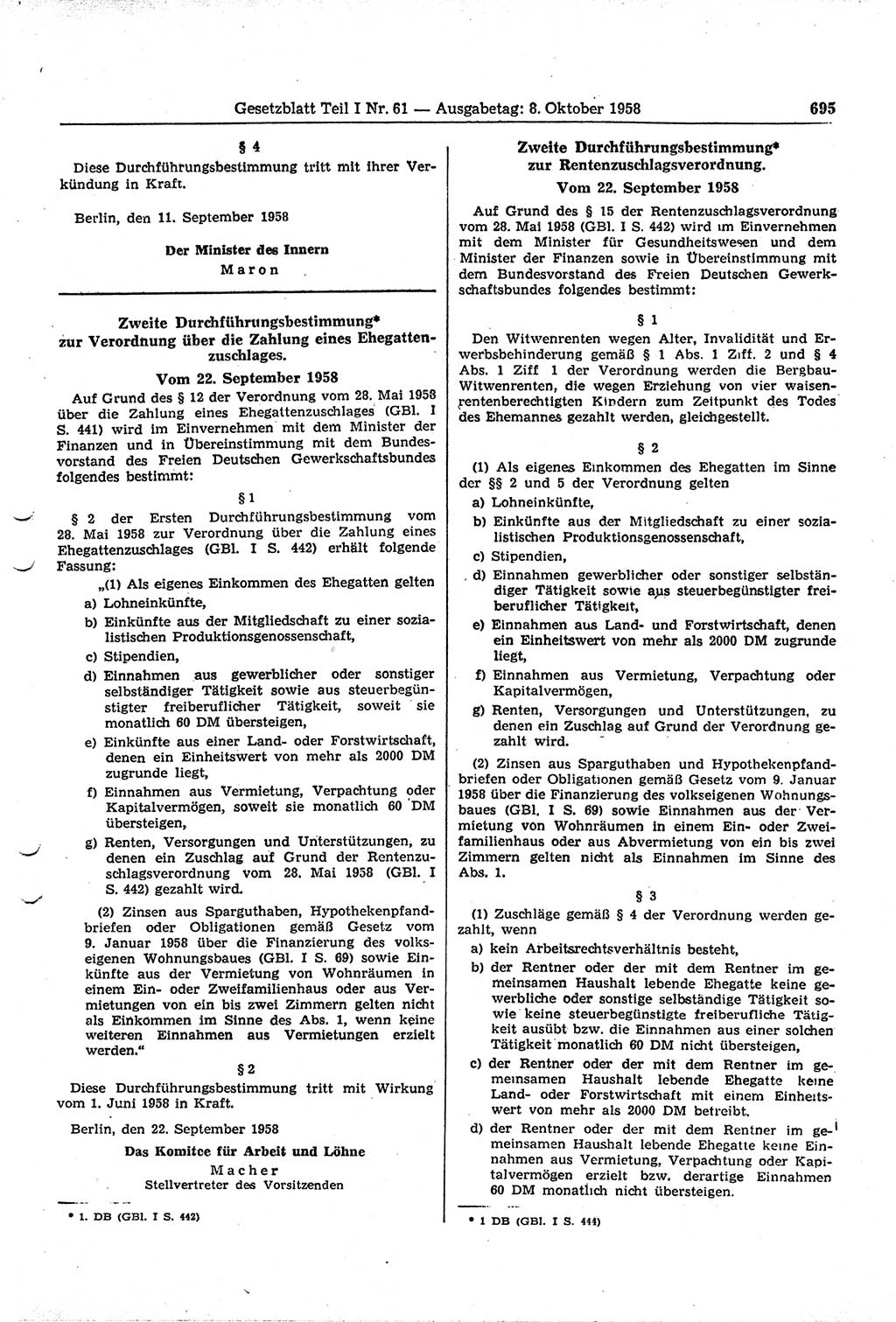 Gesetzblatt (GBl.) der Deutschen Demokratischen Republik (DDR) Teil Ⅰ 1958, Seite 695 (GBl. DDR Ⅰ 1958, S. 695)