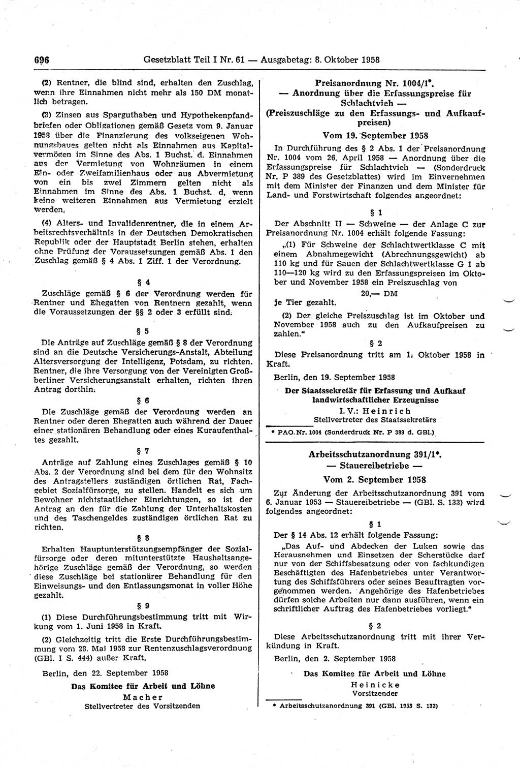 Gesetzblatt (GBl.) der Deutschen Demokratischen Republik (DDR) Teil Ⅰ 1958, Seite 696 (GBl. DDR Ⅰ 1958, S. 696)