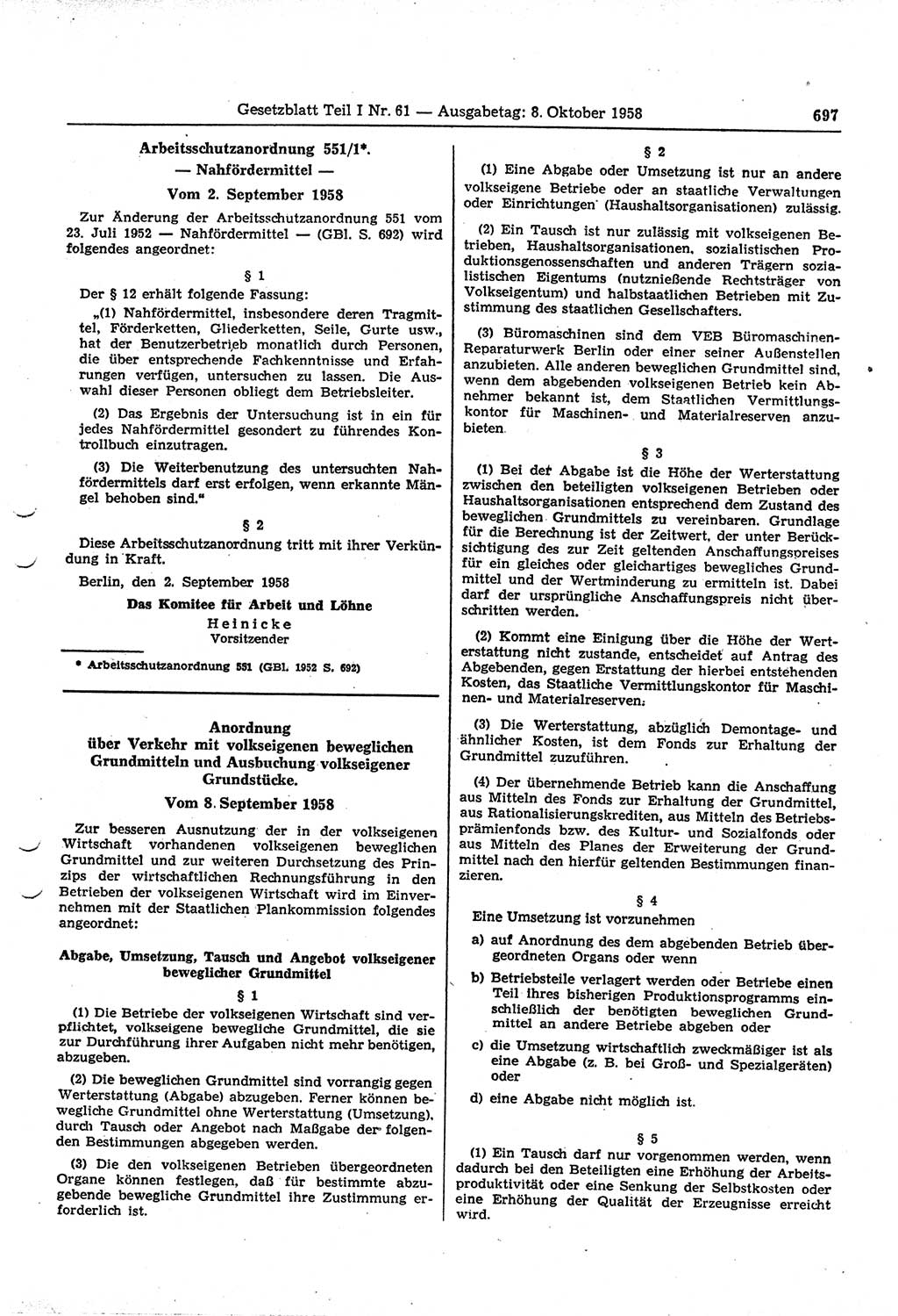 Gesetzblatt (GBl.) der Deutschen Demokratischen Republik (DDR) Teil Ⅰ 1958, Seite 697 (GBl. DDR Ⅰ 1958, S. 697)