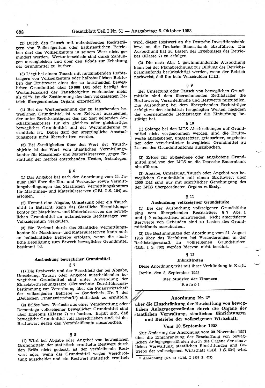 Gesetzblatt (GBl.) der Deutschen Demokratischen Republik (DDR) Teil Ⅰ 1958, Seite 698 (GBl. DDR Ⅰ 1958, S. 698)