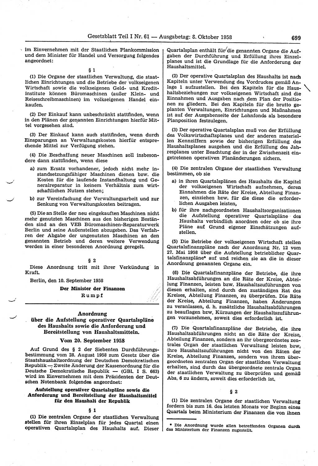 Gesetzblatt (GBl.) der Deutschen Demokratischen Republik (DDR) Teil Ⅰ 1958, Seite 699 (GBl. DDR Ⅰ 1958, S. 699)