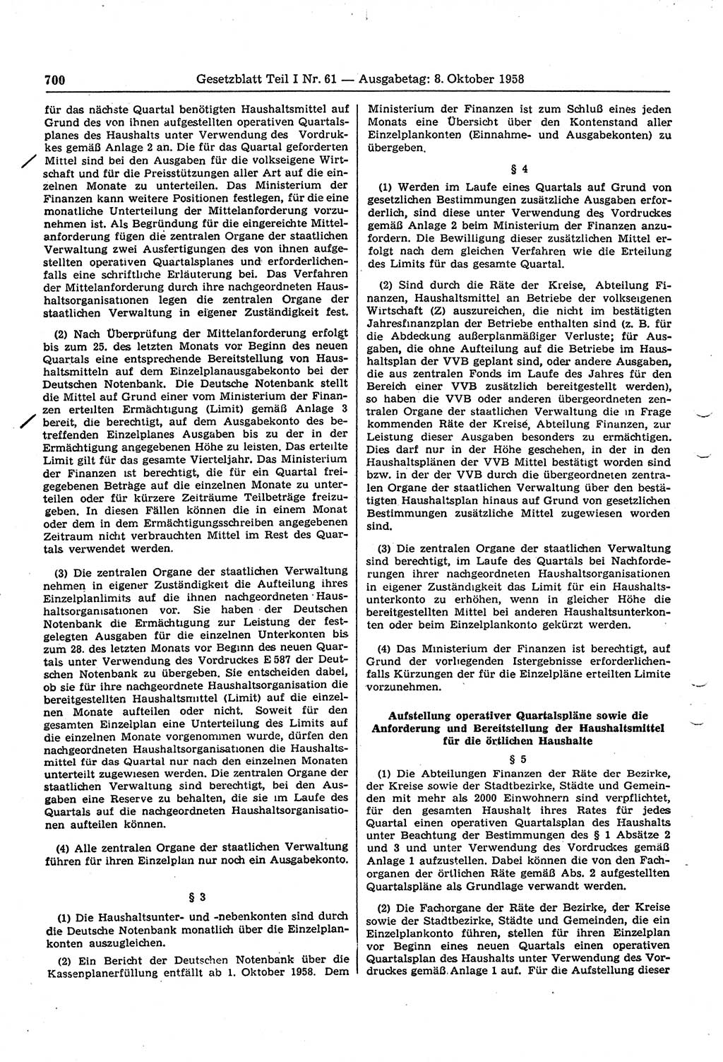 Gesetzblatt (GBl.) der Deutschen Demokratischen Republik (DDR) Teil Ⅰ 1958, Seite 700 (GBl. DDR Ⅰ 1958, S. 700)