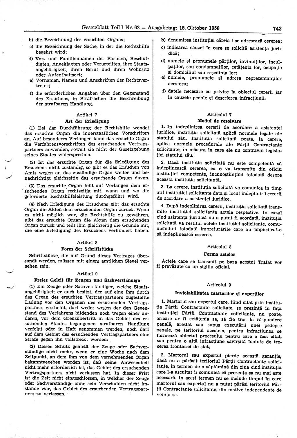 Gesetzblatt (GBl.) der Deutschen Demokratischen Republik (DDR) Teil Ⅰ 1958, Seite 743 (GBl. DDR Ⅰ 1958, S. 743)