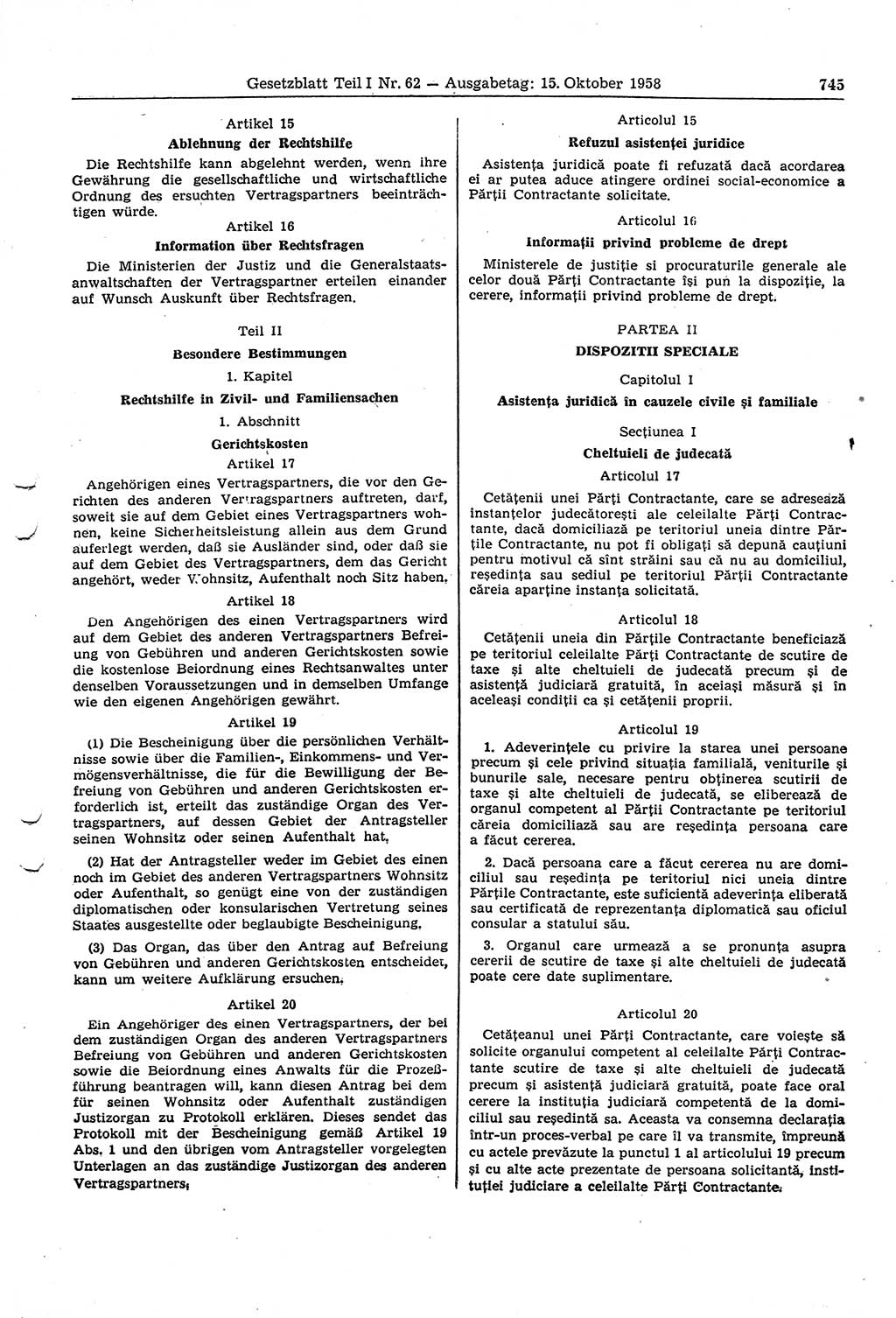 Gesetzblatt (GBl.) der Deutschen Demokratischen Republik (DDR) Teil Ⅰ 1958, Seite 745 (GBl. DDR Ⅰ 1958, S. 745)
