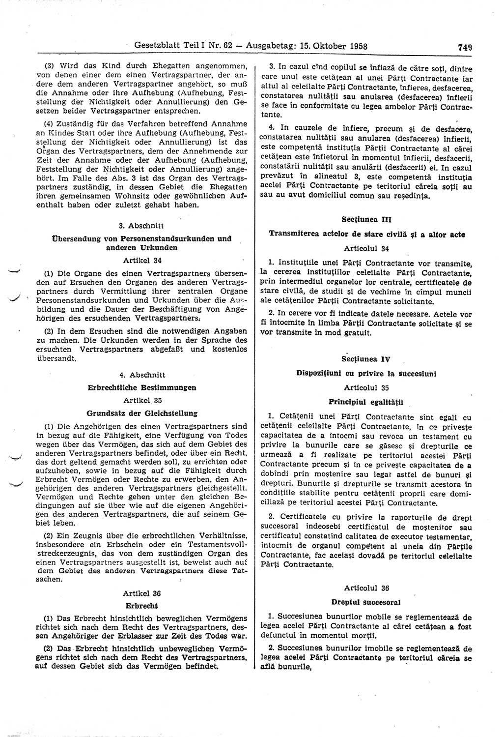 Gesetzblatt (GBl.) der Deutschen Demokratischen Republik (DDR) Teil Ⅰ 1958, Seite 749 (GBl. DDR Ⅰ 1958, S. 749)