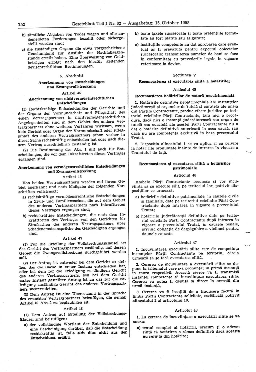 Gesetzblatt (GBl.) der Deutschen Demokratischen Republik (DDR) Teil Ⅰ 1958, Seite 752 (GBl. DDR Ⅰ 1958, S. 752)